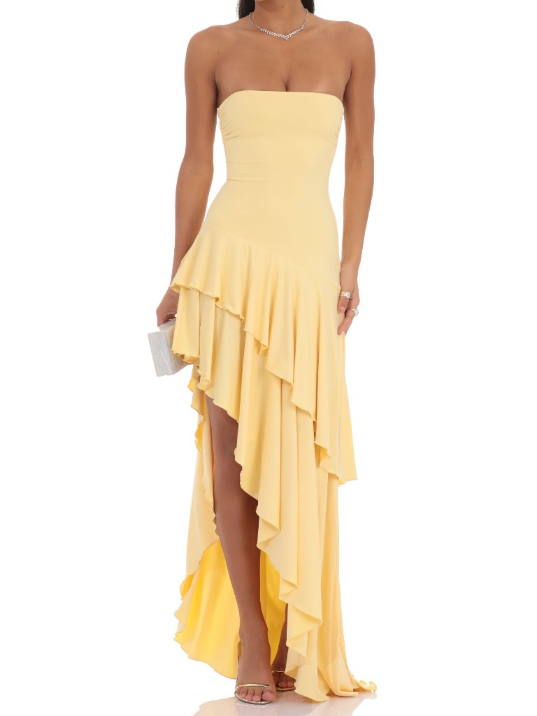 Lucy In The Sky Strapless Ruffle Asymmetrical Maxi Dress - Yellow | Size L
